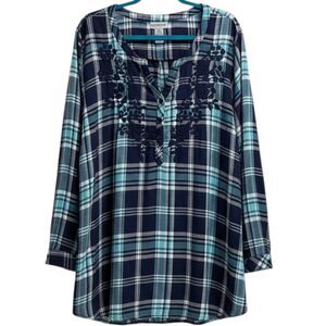 Catherines Flannel Tunic Top Shirt Blouse Embroidered Plaid Floral Blue 3X
